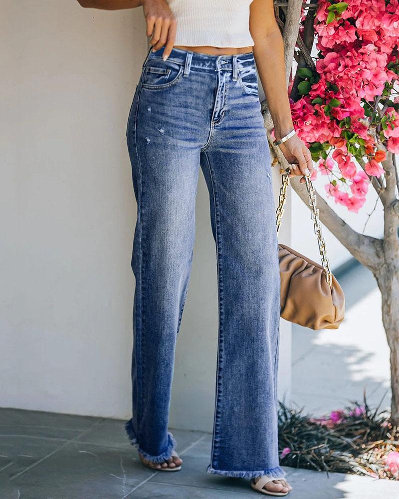 high waist pocket design fringe hem jeans – Lamouren Online Fashion And ...
