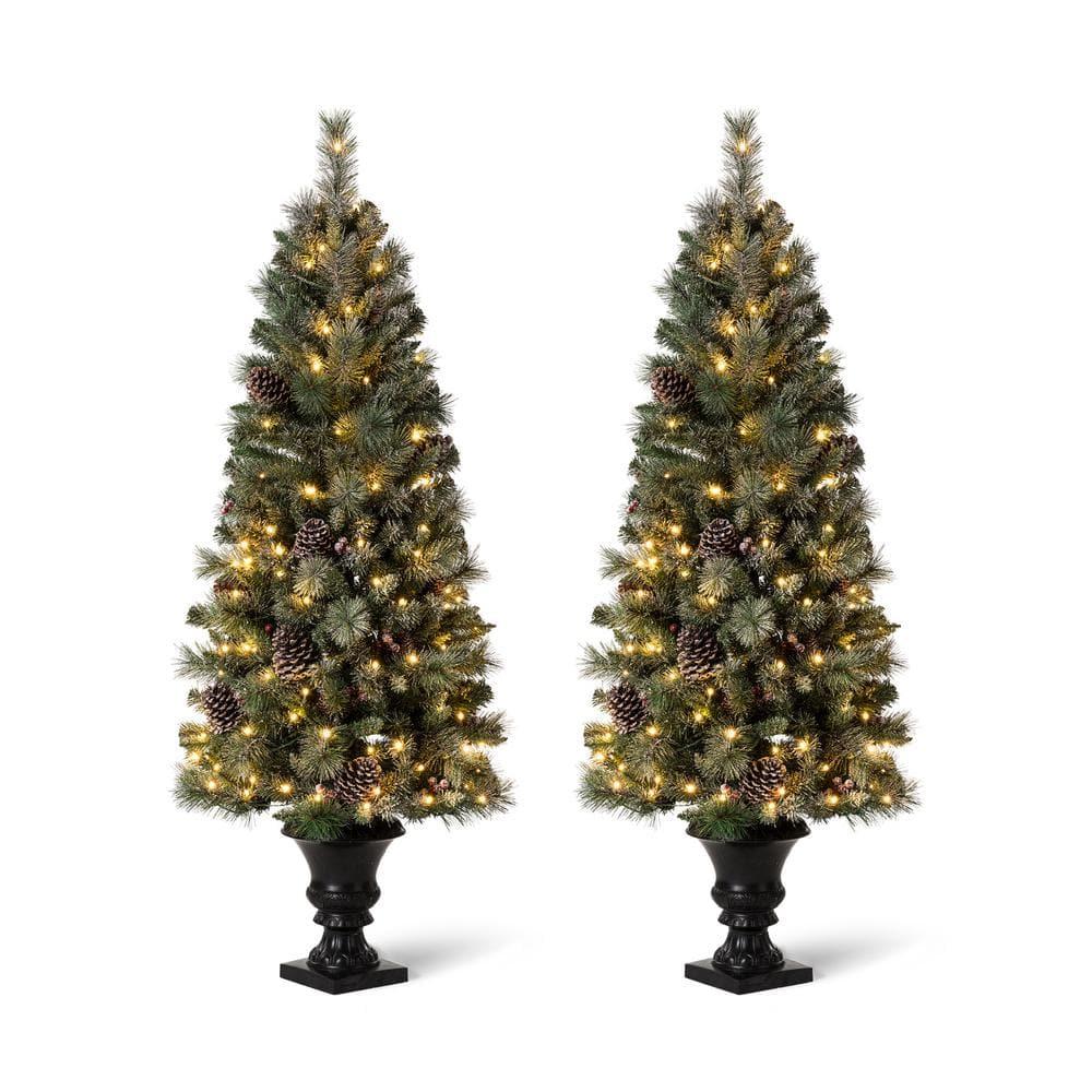 5 ft. Pre-Lit Flocked Pine Artificial Christmas Tree with 130 Warm ...