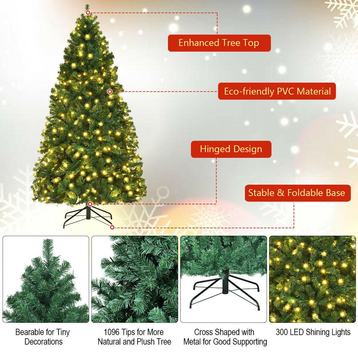 Gymax Pre-Lit PVC 7′ Artificial Christmas Tree Hinged LED Lights Metal ...